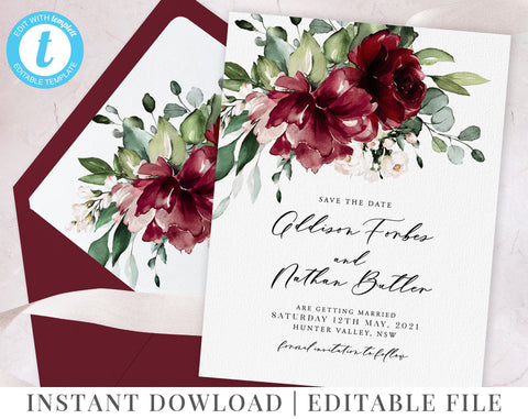 Floral Save the Date Template, Editable Wedding Save the Date, Burgundy Save the Date,Wedding Template,Rustic Wedding,Garden Wedding,Addison