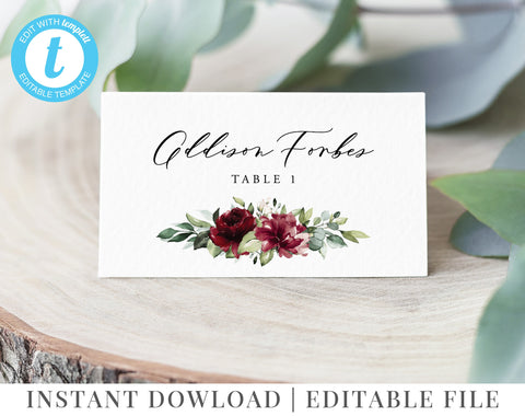 Printable Wedding Place Cards, Floral Escort Cards Template, Instant Download, Marsala Flowers, Editable Flat Place Cards, Folded, Addison