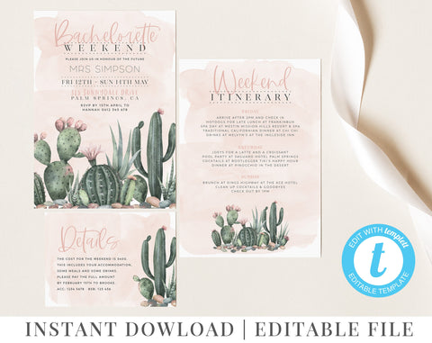 Printable Bachelorette Party Invitation, Bachelorette Weekend Itinerary Template, Cactus Invite, Palm Spring Template, Hens Itinerary Fiesta