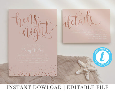 Printable Hens Party Invitations, Rose Gold Hens Night Invitation Template, Pink Hens Invitation, Rose Gold Blush Invite, Editable invite