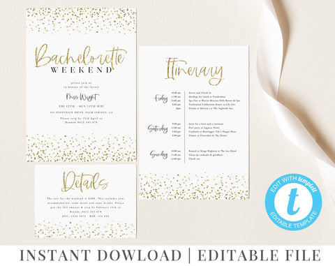 Printable Bachelorette Weekend Invitation, Editable, Gold Bachelorette Invitation, Gold Glitter, Itinerary Invitation, Gold Invitation