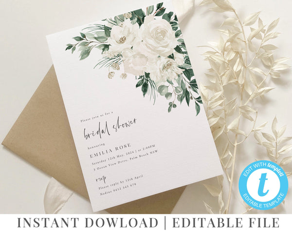 Bridal Shower Invitation, Floral Invitation Template, Eucalyptus Kitchen Tea Invitation, White Flowers Peonies Roses, Printable Invitation