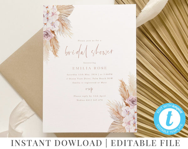 Boho Bridal Shower Invitation, Boho Invitation Template, Pampas Grass, Fan Palm, Orchid, Rose, Dried Flower, Boho Invitation, Wedding Shower