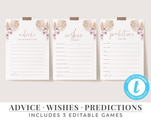 Baby Shower Games, Boho Baby Shower, Printable Advice Cards, Wishes, Predictions, Editable Games, Printable Boho Baby Shower Games, BS05