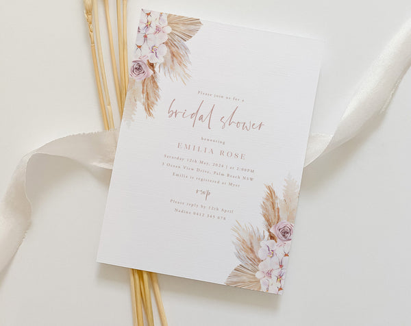 Boho Bridal Shower Invitation, Boho Invitation Template, Pampas Grass, Fan Palm, Orchid, Rose, Dried Flower, Boho Invitation, Wedding Shower