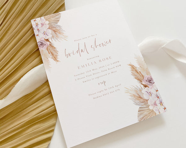 Boho Bridal Shower Invitation, Boho Invitation Template, Pampas Grass, Fan Palm, Orchid, Rose, Dried Flower, Boho Invitation, Wedding Shower