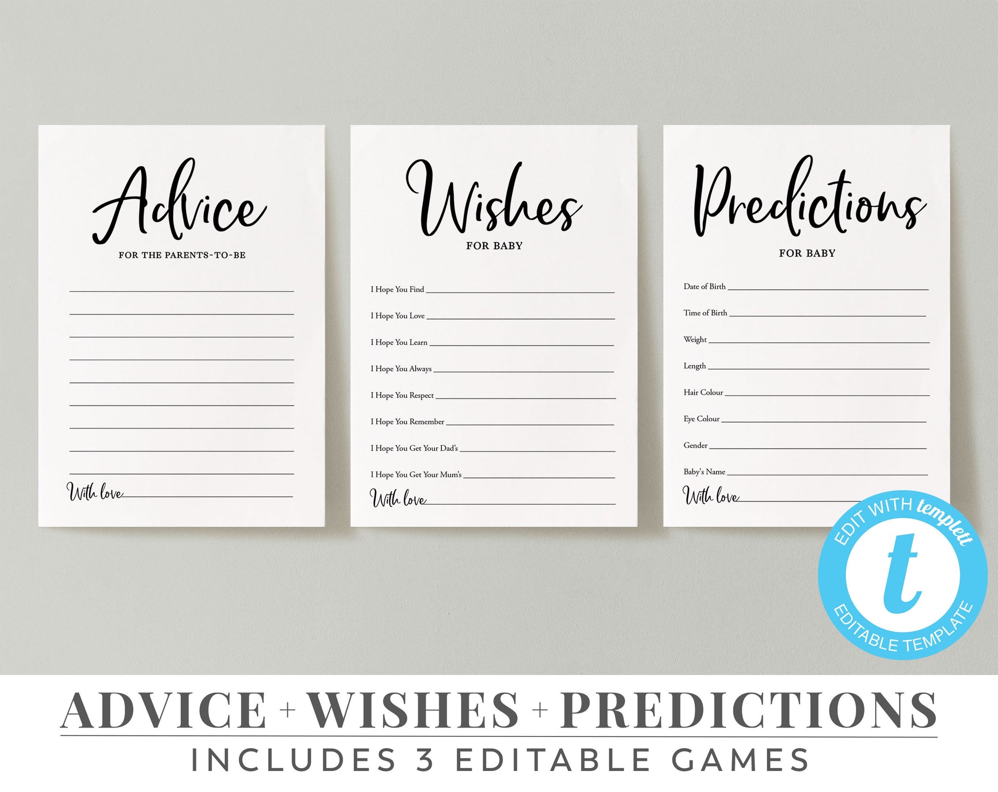 Baby Shower Games, Printable Advice Cards Wishes Cards Predictions Cards, Editable Baby Shower Games Black, Printable Black and White Games