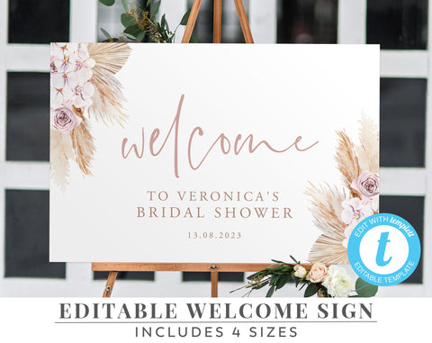 Printable Welcome Sign, Editable Welcome Sign, Bridal Shower Welcome Sign, Kitchen Tea, Boho Florals, Dried Flowers | Pampas Grass