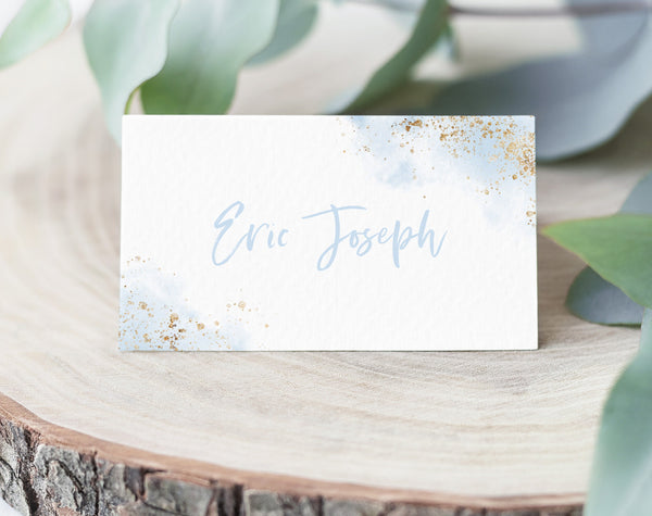 Christening Place Card Template, Printable Place Cards, Baptism Place Cards, Blue and Gold, Blue Boy's Christening Place Cards, Blue