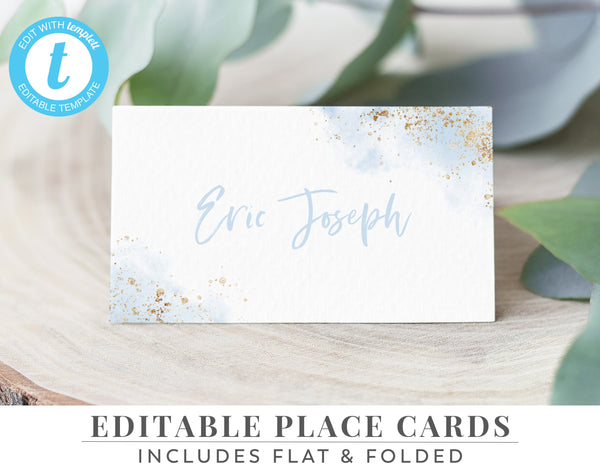 Christening Place Card Template, Printable Place Cards, Baptism Place Cards, Blue and Gold, Blue Boy's Christening Place Cards, Blue