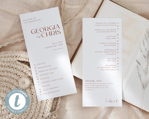 Minimalist Wedding Program, Wedding Ceremony Program Template, Order of Ceremony, Editable Program, Printable Rust Minimal Program, Georgia