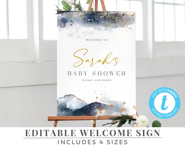 Baby Shower Welcome Sign, Navy Blue and Gold Welcome Sign, Editable Baby Shower Welcome Sign, Navy Blue Watercolour Welcome Sign