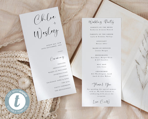 Simple Wedding Program Template, Editable Ceremony Program, Order of Ceremony, Minimal Program, Printable Modern Program, Chloe