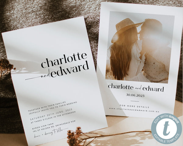 Wedding Invitation Template, Invitation with Photo, Minimalist Wedding Invite, Wedding Invitation Template Download, Rustic, Charlotte