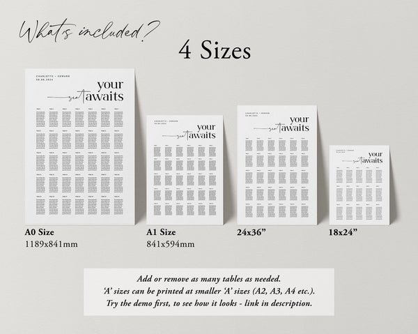 Seating Chart, Wedding Seating Chart, Modern Seating Chart Template, Minimalist Seating Chart, Editable Seating Chart, Simple, Charlotte