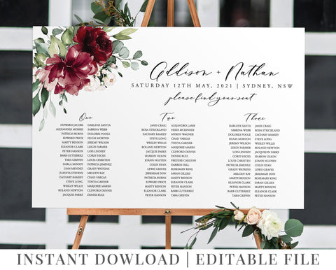 Wedding Seating Chart, Printable Seating Chart, Burgundy Floral Wedding, Marsala Flowers, Landscape, Seating Chart Template, Addison