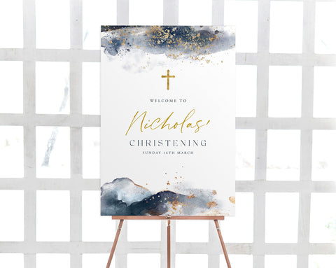 Printable Welcome Sign, Christening Welcome Sign, Baptism Welcome Sign, Navy and Gold, Navy Watercolor Welcome Sign, Navy and Gold Sign