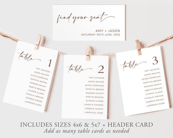 Wedding Seating Chart Card Template, Minimalist Wedding Seating Chart Cards, Modern Seating Chart Cards, Table Number Seating Cards, Amy