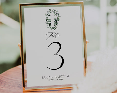 Table Numbers, Christening Table Numbers, Greenery Table Numbers, Baptism Table Number Template, Printable Table Numbers, Editable Baptism