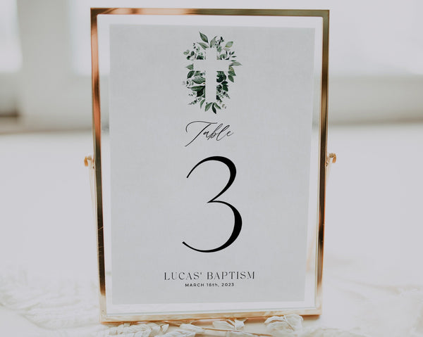 Table Numbers, Christening Table Numbers, Greenery Table Numbers, Baptism Table Number Template, Printable Table Numbers, Editable Baptism
