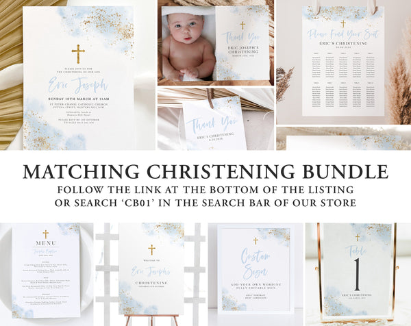 Christening Place Card Template, Printable Place Cards, Baptism Place Cards, Blue and Gold, Blue Boy's Christening Place Cards, Blue