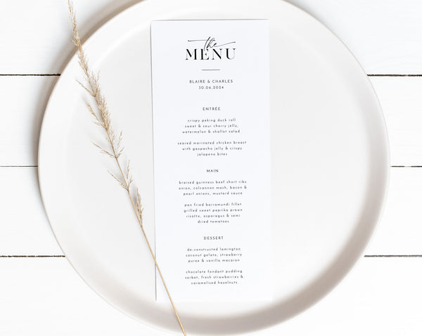 Wedding Menu Template, Minimalist Wedding Menu, Modern Wedding Menu, Minimal Menu Wedding, Templett Wedding Menu, Editable Menu, Blaire