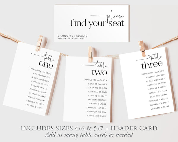 Wedding Seating Chart Card Template, Minimalist Wedding Seating Chart Cards, Modern Seating Chart Card, Table Number Seating Card, Charlotte