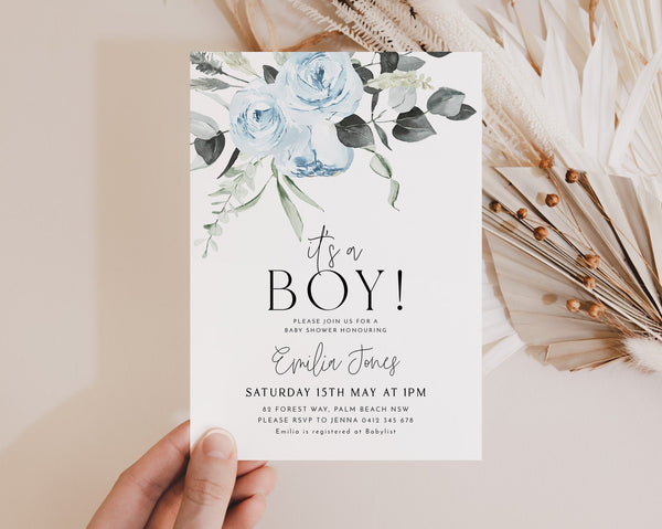 Blue Floral Baby Shower Invitation, Blue Boy Baby Shower Invite, Dusty Blue Flowers Baby Shower Invitation, It's A Boy Baby Shower,  Phone