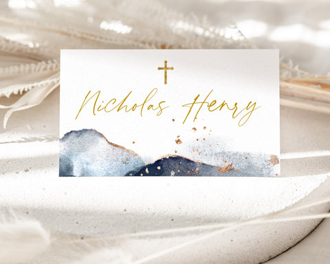 Christening Place Card Template, Printable Place Cards, Baptism Place Cards, Navy and Gold, Navy Boy's Christening Place Cards, Navy
