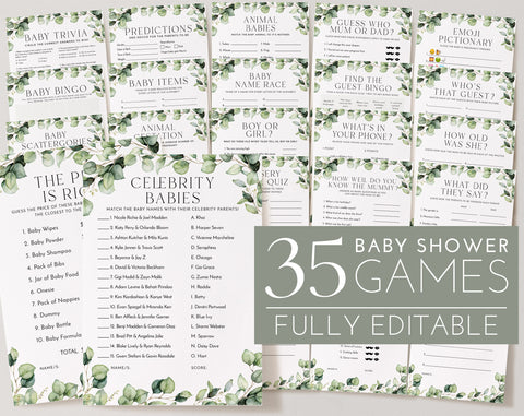 Greenery Baby Shower Games, Baby Shower Editable Games, Printable Games, Greenery Baby Games Pack, Celebrity, Bingo, Gender Neutral Games