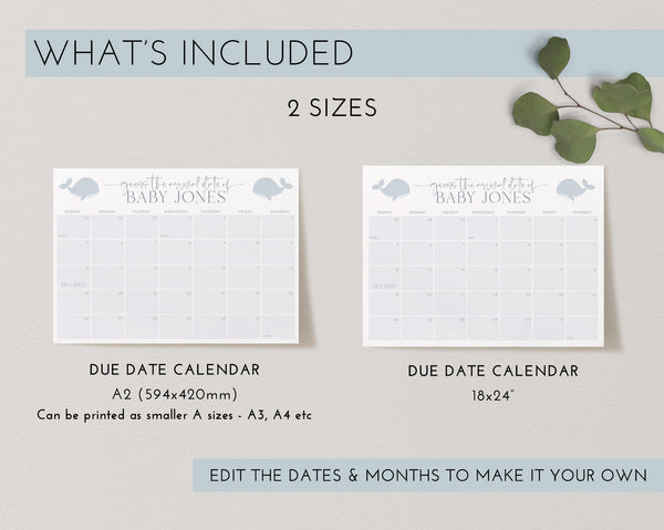 Baby Shower Due Date Calendar, Whale Baby Birth Date Sign, Guess the Arrival Date Sign, Due Date Sign, Editable Printable Baby Shower Signs