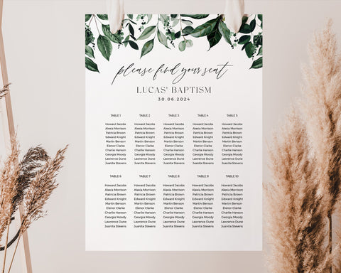 Seating Chart, Christening Seating Chart, Baptism Seating Chart Template, Greenery Seating Chart, Editable Seating Plan, Greenery Baptism