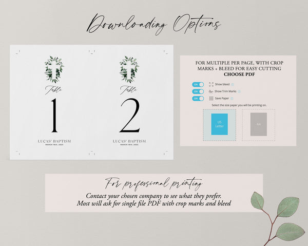 Table Numbers, Christening Table Numbers, Greenery Table Numbers, Baptism Table Number Template, Printable Table Numbers, Editable Baptism