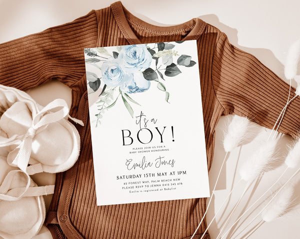 Blue Floral Baby Shower Invitation, Blue Boy Baby Shower Invite, Dusty Blue Flowers Baby Shower Invitation, It's A Boy Baby Shower,  Phone