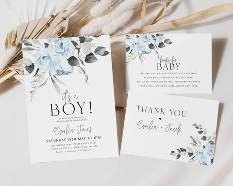 Blue Boy Baby Shower Invitation Set, Blue Floral Baby Shower Invite, Dusty Blue Flowers Baby Shower Invitation, It's A Boy Baby Shower