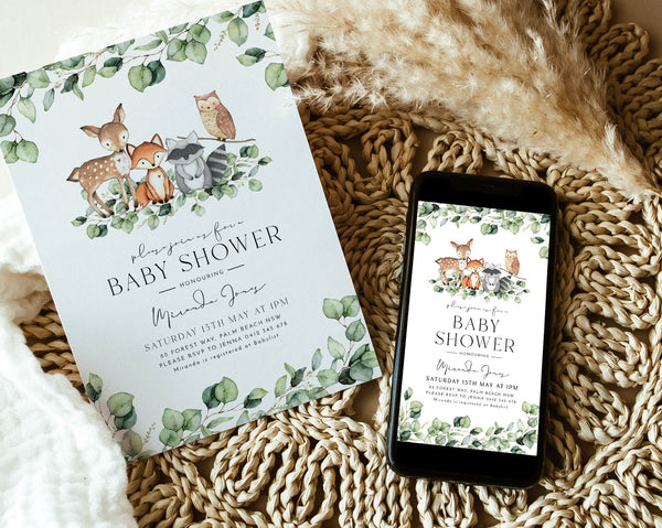 Baby Shower Invitation, Woodlands Baby Shower Invitation, Gender Neutral Baby Shower, Greenery Baby Shower Invite Baby Boy, Phone Evite