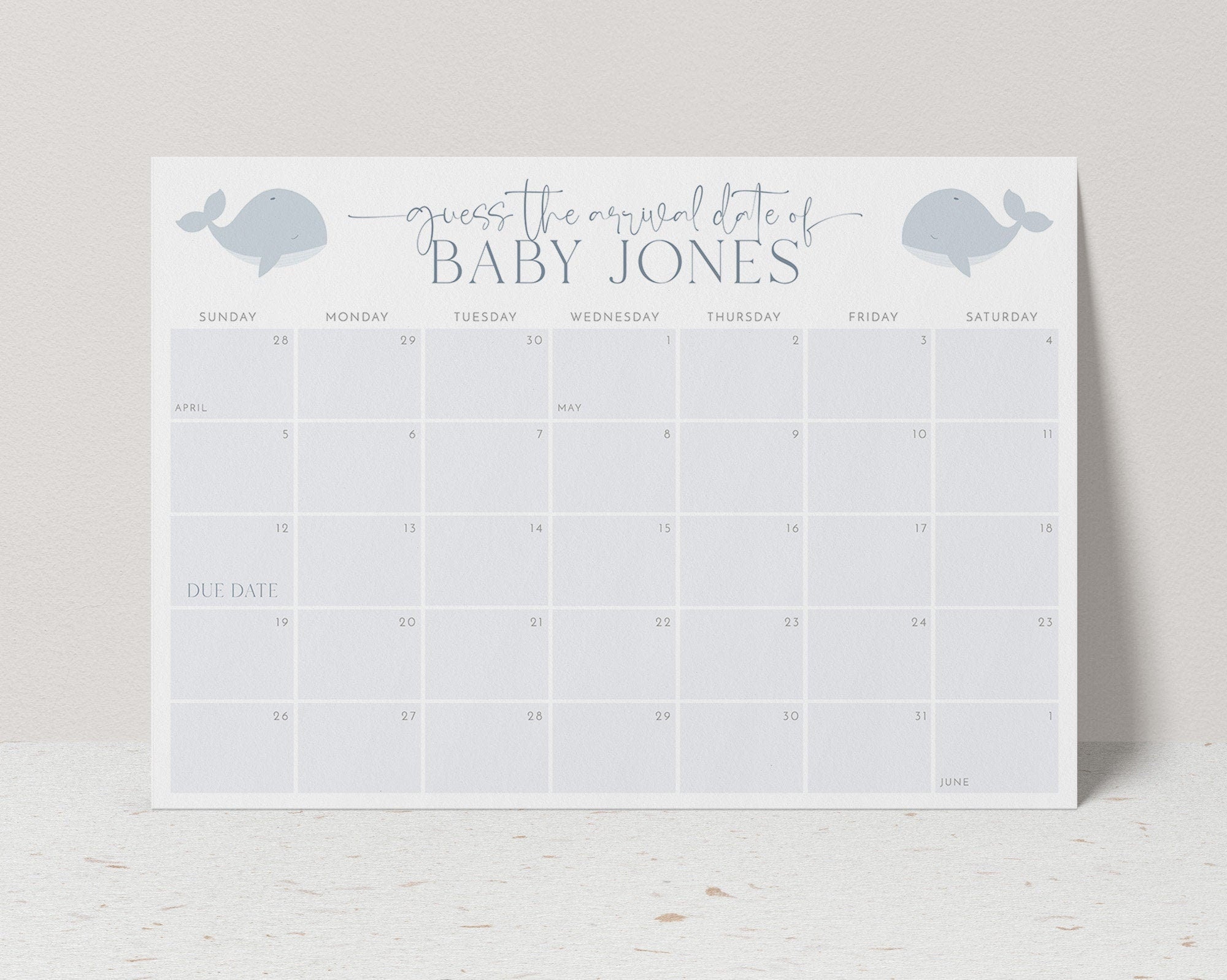 Baby Shower Due Date Calendar, Whale Baby Birth Date Sign, Guess the Arrival Date Sign, Due Date Sign, Editable Printable Baby Shower Signs