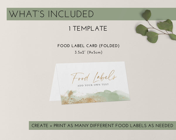 Baby Shower Food Labels, Green Food Label Card, Food Tent Card, Food Tags, Sage and Gold Food Labels, Folded Food Cards, Tent Food Labels