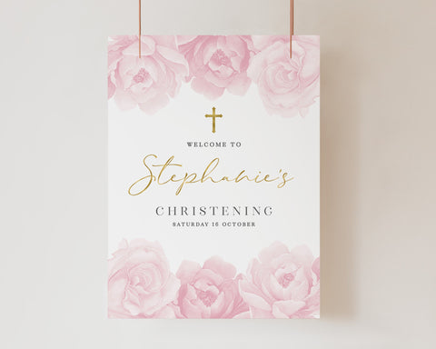 Printable Welcome Sign, Christening Welcome Sign, Baptism Welcome Sign, Pink Floral Welcome Sign, Pink Baptism Sign, Pink Flowers