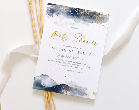 Navy Baby Shower Invitation, Navy and Gold Invitation Template, Boy Baby Shower Invitation, Printable Template, Baby Boy Invitation