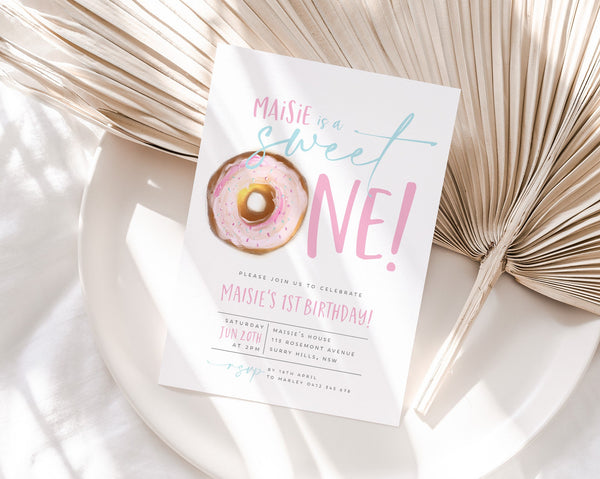 Donut First Birthday Invitation, 1st Birthday Invitation Girl, Donut Invitation, Donut Birthday, Sweet One Birthday, Girls First Birthday