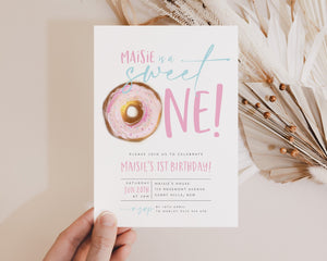 Donut First Birthday Invitation, 1st Birthday Invitation Girl, Donut Invitation, Donut Birthday, Sweet One Birthday, Girls First Birthday