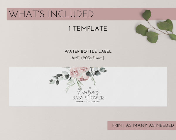 Pink Floral Water Bottle Label, Baby Shower Water Label, Printable Water Bottle Label, Baby Shower Pink Flower Water Label Sticker, Girl