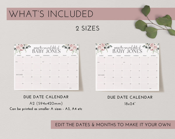 Baby Shower Due Date Calendar, Floral Baby Birth Date Sign, Guess the Arrival Date Sign, Due Date Sign, Editable Printable Baby Shower Signs
