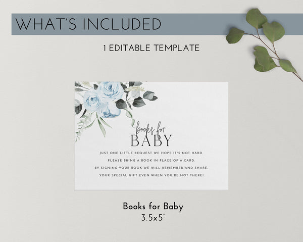 Books For Baby Card Printable, Book Request Card, Blue Floral Baby Shower Book For Baby, Blue Flower Invitation, Blue Baby Shower Printables