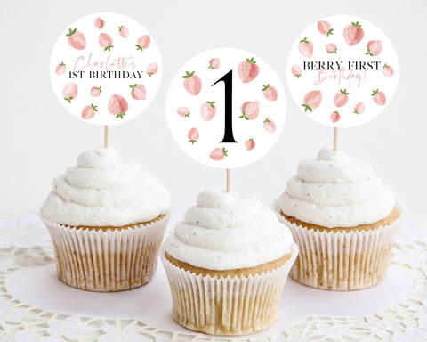 Berry Cupcake Toppers, Printable Cupcake Topper, Strawberry Cupcake Topper, 1st Birthday Editable Cupcake Toppers, Berry First Birthday Girl