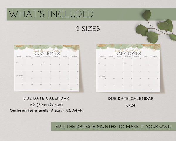 Baby Shower Due Date Calendar, Green Baby Birth Date Sign, Guess the Arrival Date Sign, Due Date Sign, Editable Printable Baby Shower Signs