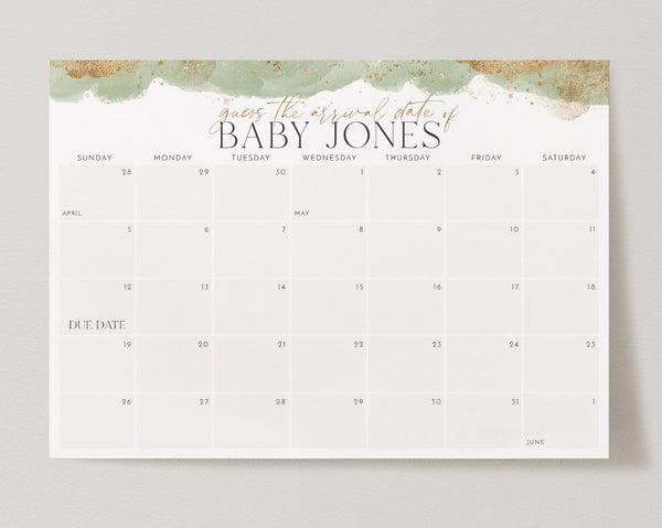 Baby Shower Due Date Calendar, Green Baby Birth Date Sign, Guess the Arrival Date Sign, Due Date Sign, Editable Printable Baby Shower Signs