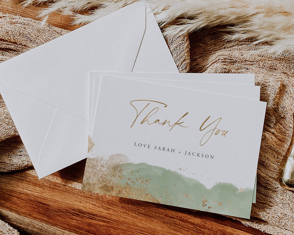 Thank You Card Template, Printable Thank You Card, Baby Shower Thank You Card Editable Template, Sage and Gold Baby Shower Thank You Card