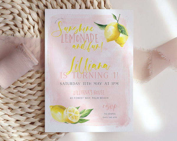 Lemon 1st Birthday Invitation Girl, Pink Lemonade Invitation, 1st Birthday Girl, First Birthday Invitation, Lemon Invitation, Lemon Birthday